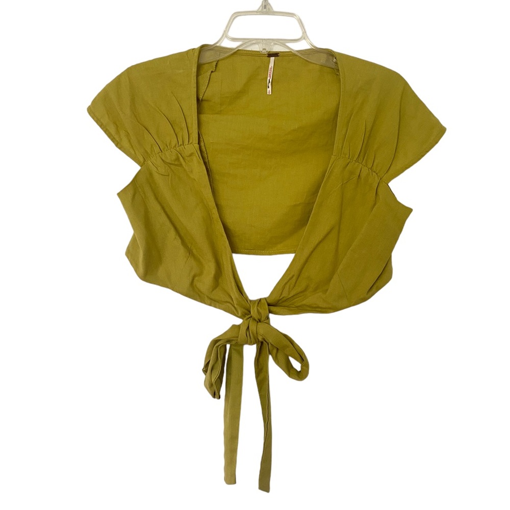 Free People Short Sleeve Green Tie Front Crop Top Size Small